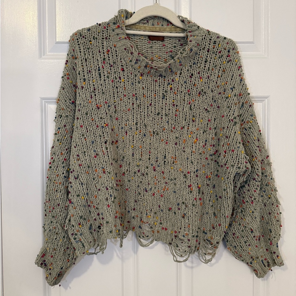 Chunky Knit, Multicolored Speckled Sweater with Distressed Hem